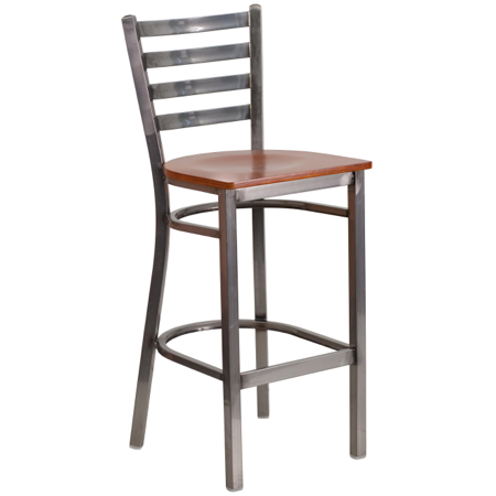 Clear Coated Ladder Back Metal Barstool with Wood Seat