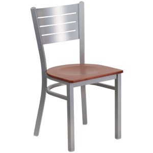 Silver Slat Back Metal Chair with Wood Seat