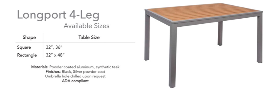 Square Longport Aluminum and Synthetic Teak Table - 4 leg