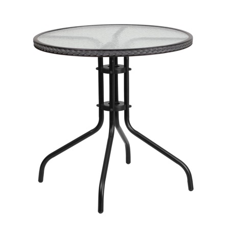 Round Patio Glass Metal Table With Rattan Trim