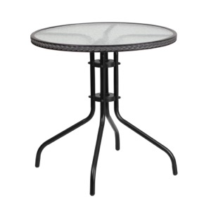 Round Patio Glass Metal Table With Rattan Trim