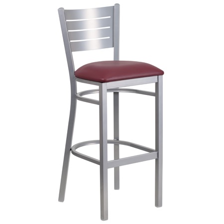 Silver Slat Back Metal Barstool with Vinyl Seat