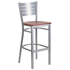 Silver Slat Back Metal Barstool with Wood Seat