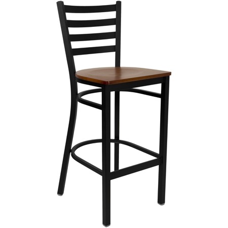 Black Ladder Back Metal Barstool with Wood Seat