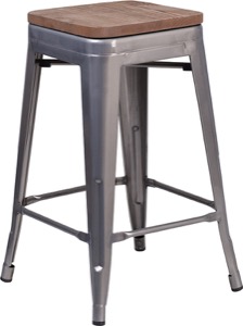 Grayson 24" Clear Coated Metal Backless Barstool + Wood Seat